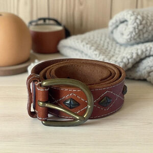 Vintage caramel Brown contrast stitch Studded Leather Belt Sz small